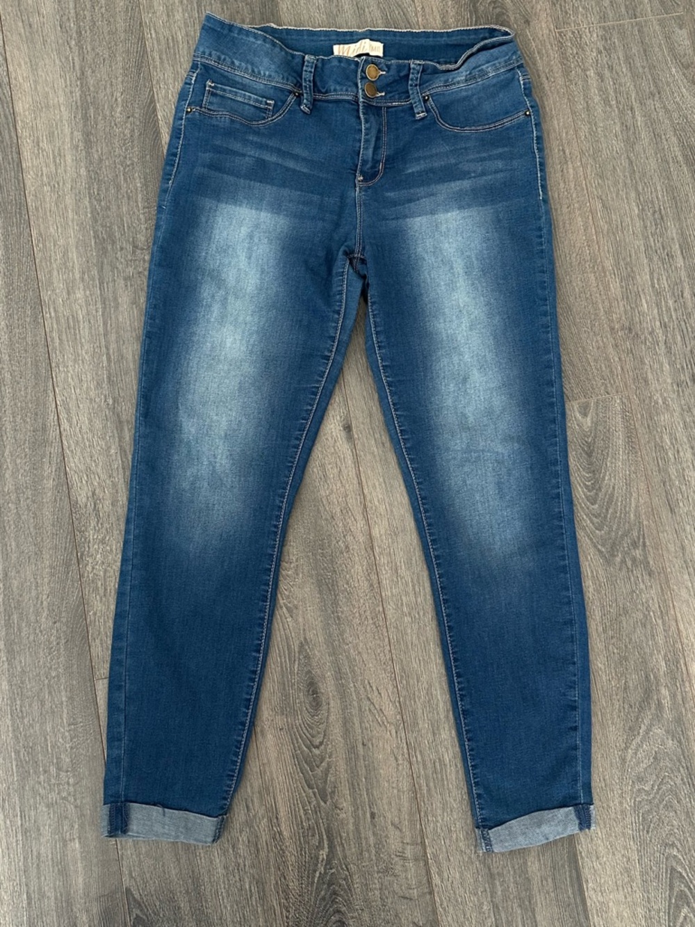 Women’s Blue Mid Rise Cotton Denim Skinny Jeans Rolled Ankle Cuff Chic Casual 9